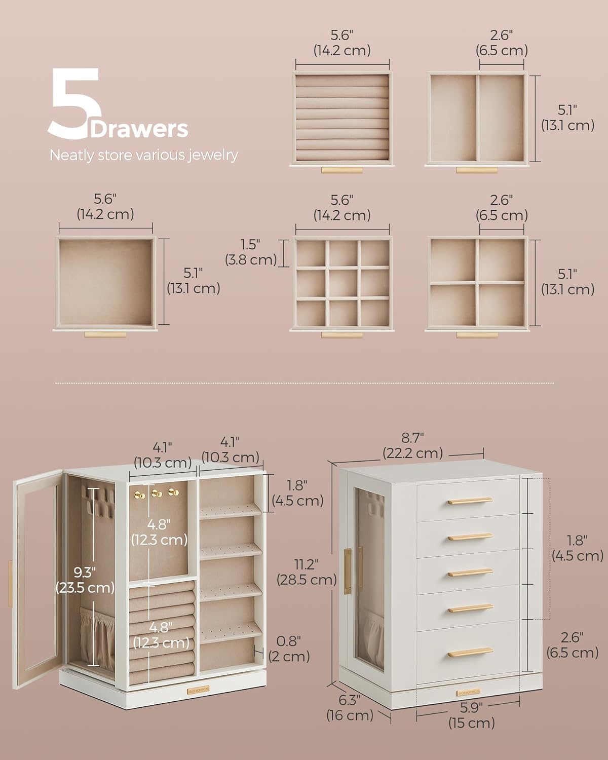 SONGMICS Cutie bijuterii rotativa 360°, cu 5 sertare si ferestre, MDF si catifea, 22x16x29 cm, alb