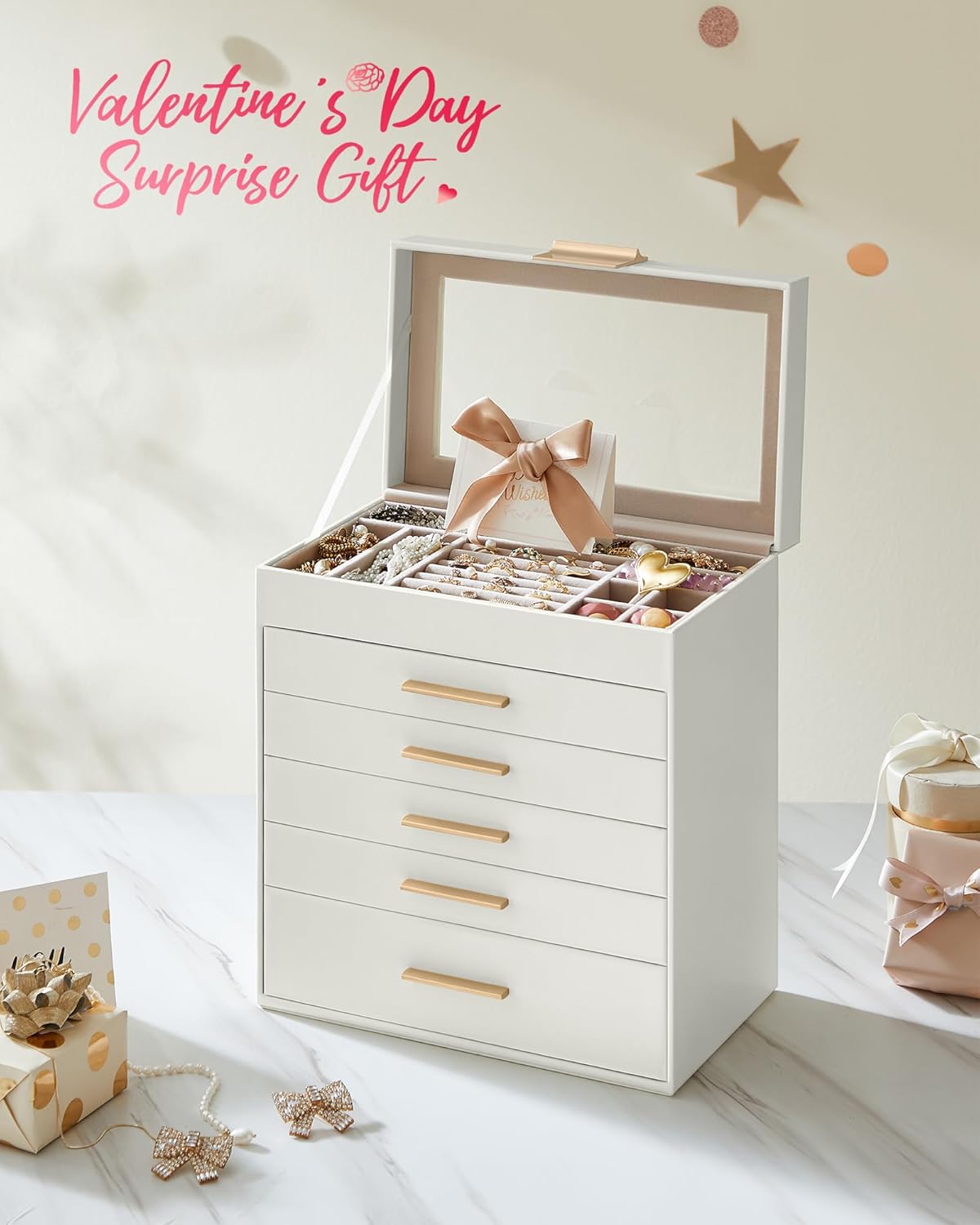 SONGMICS Cutie bijuterii 6 niveluri, cu capac din sticla si 5 sertare, 16x25x29 cm, alb auriu