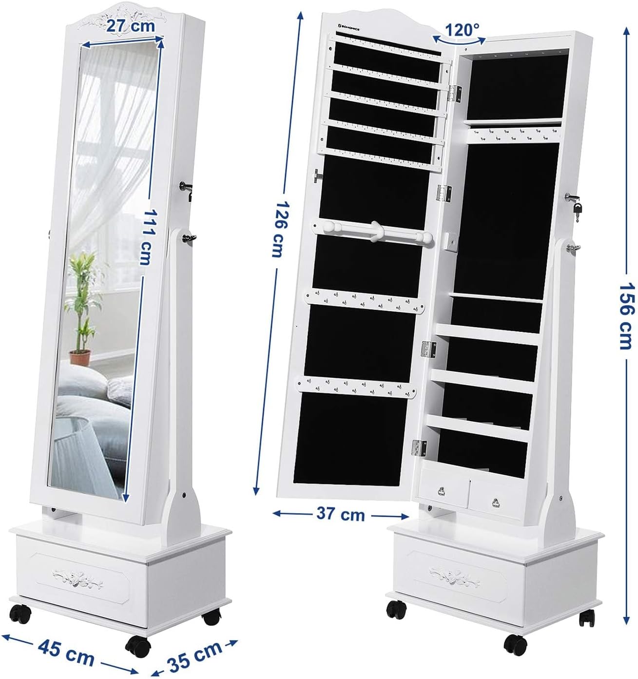 SONGMICS Oglinda de podea cu dulap depozitare bijuterii, iluminare LED si roti, cu cheie, 35x45x156 cm, alb
