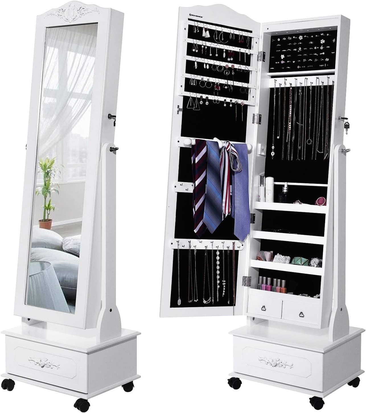 SONGMICS Oglinda de podea cu dulap depozitare bijuterii, iluminare LED si roti, cu cheie, 35x45x156 cm, alb