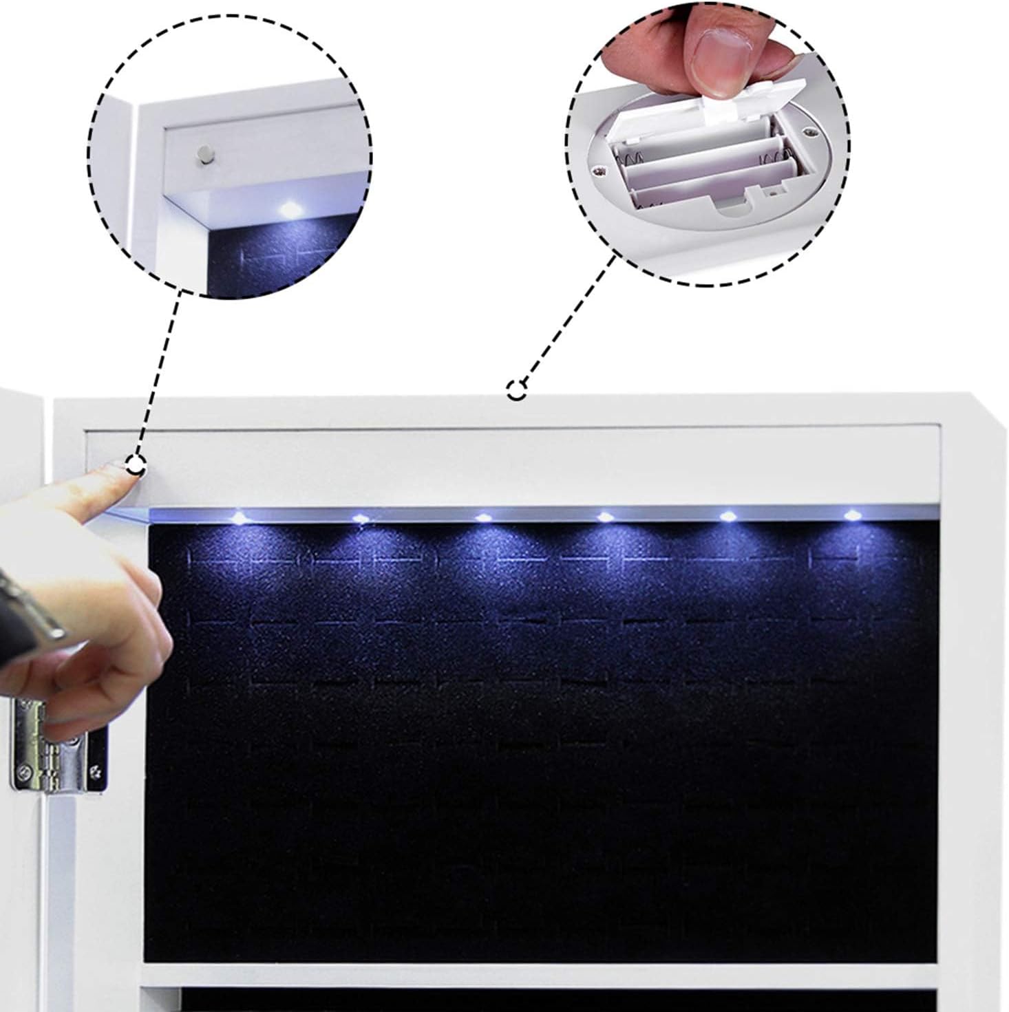 SONGMICS Oglinda de podea cu dulap depozitare bijuterii, iluminare LED si roti, cu cheie, 35x45x156 cm, alb
