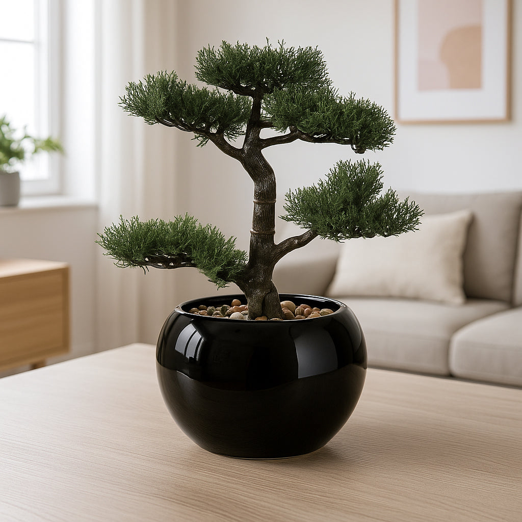 Bonsai artificial Atmosphera in ghiveci ceramic cu pietricele decorative, 36 cm, verde