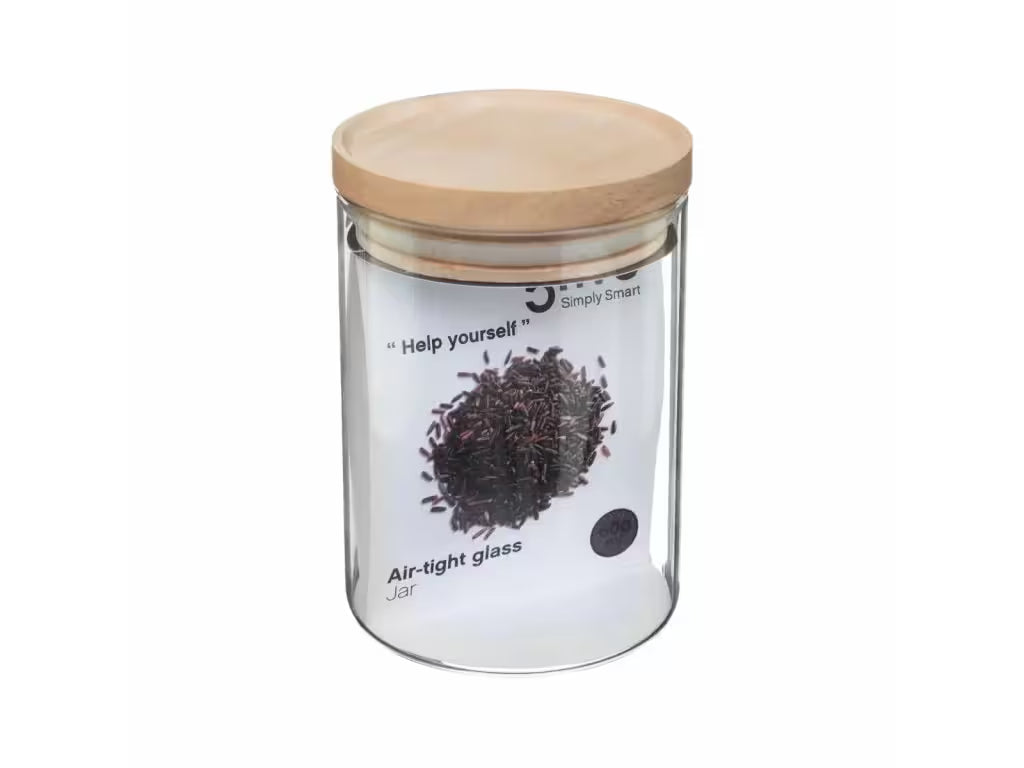 Borcan etans 5Five din sticla borosilicata cu capac lemn natural, 0.6 l, transparent