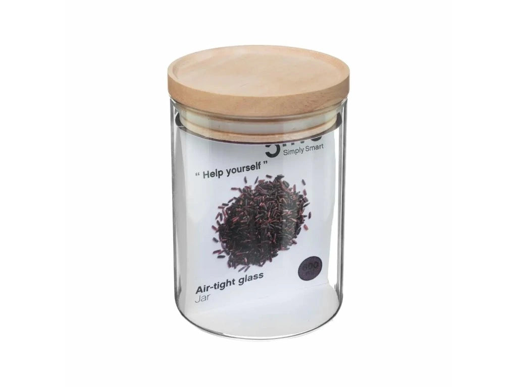 Borcan etans 5Five din sticla borosilicata cu capac lemn natural, 0.6 l, transparent