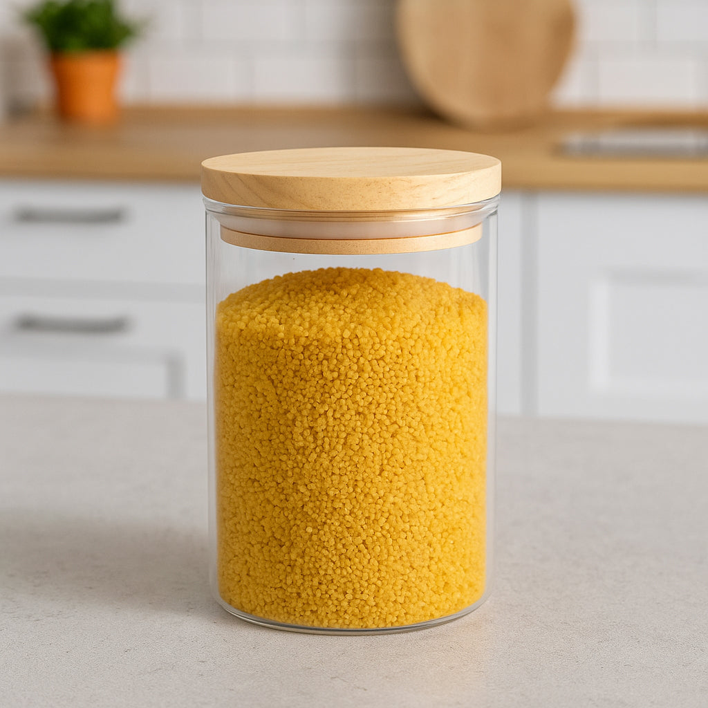Borcan etans 5Five din sticla borosilicata cu capac lemn natural, 0.6 l, transparent