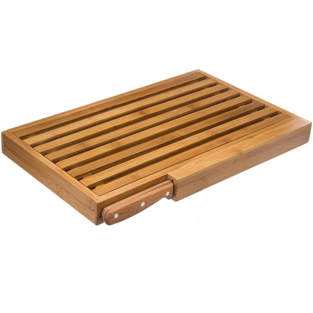 Tava pentru taiat paine Atmosphera din bambus cu cutit inclus, 44x27 cm, bej