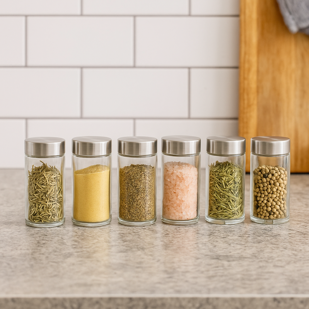 Set 6 borcane condimente 5Five din sticla, 80 ml, capac inox, transparent