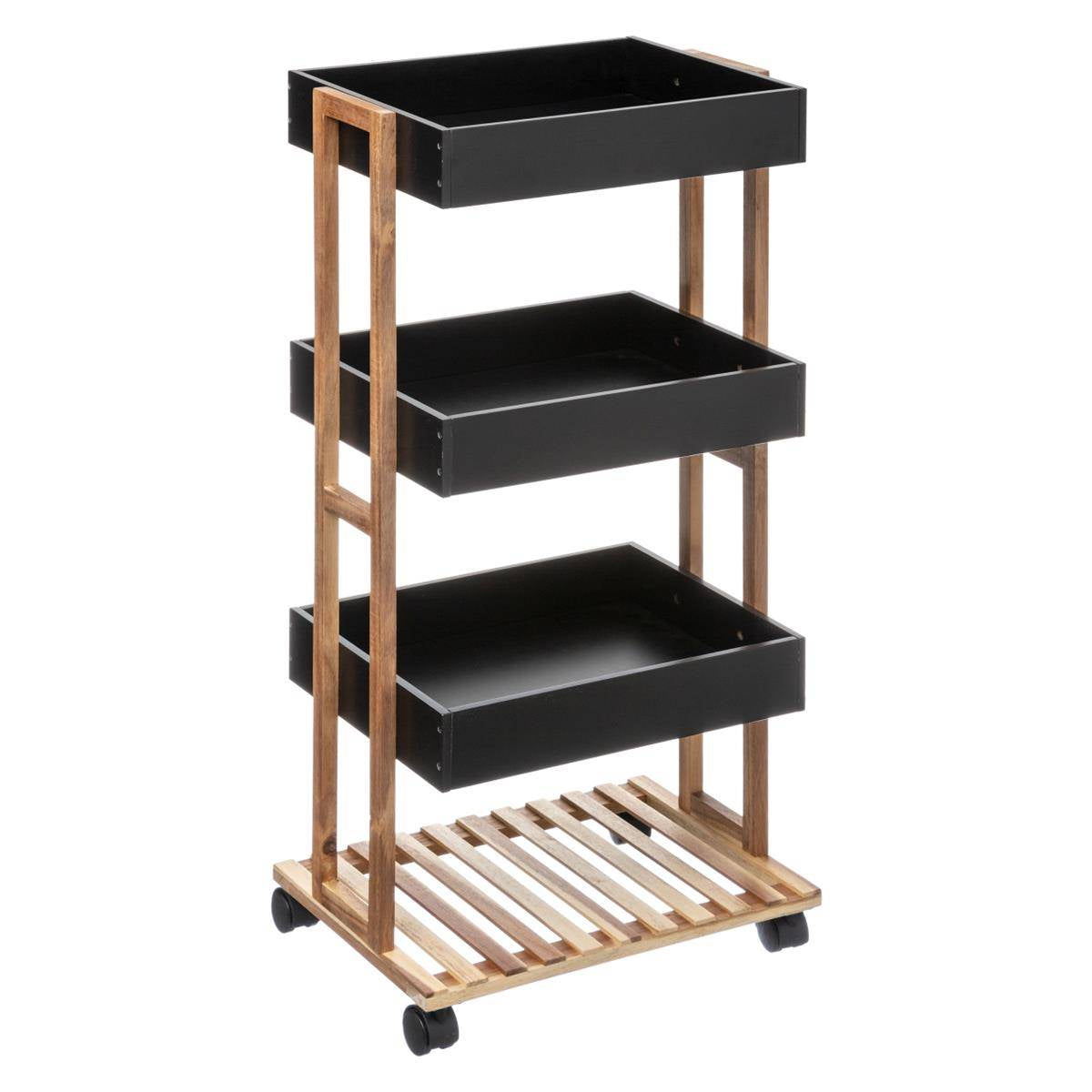 Etajera cu 4 rafturi 5Five Natureo pe roti, MDF si bambus, 40x30x88 cm, negru