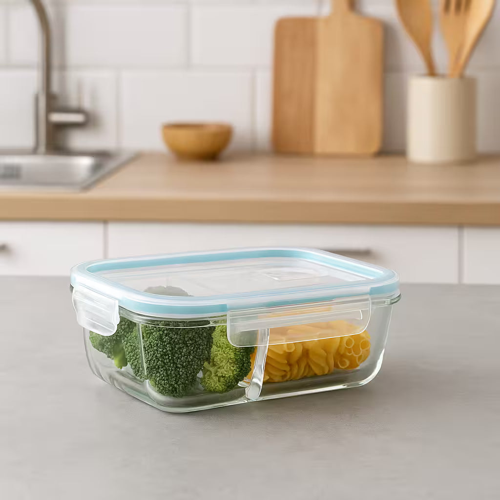 Caserola dreptunghiulara compartimentata 5Five Clipeat, sticla borosilicata, 0.7 L, transparenta