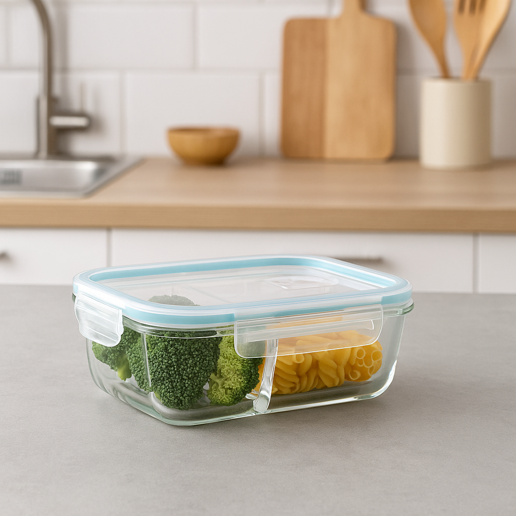 Caserola dreptunghiulara compartimentata 5Five Clipeat, sticla borosilicata, 0.7 L, transparenta