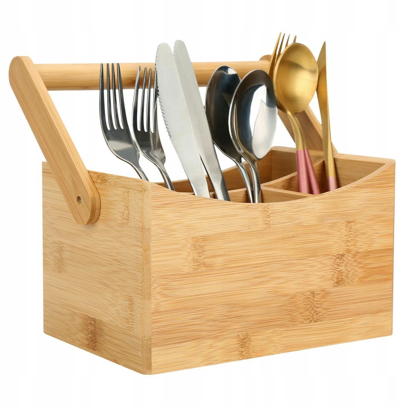 Organizator tacamuri si servetele 5Five Bamboo cu maner, bambus, 24x14x24 cm, natur