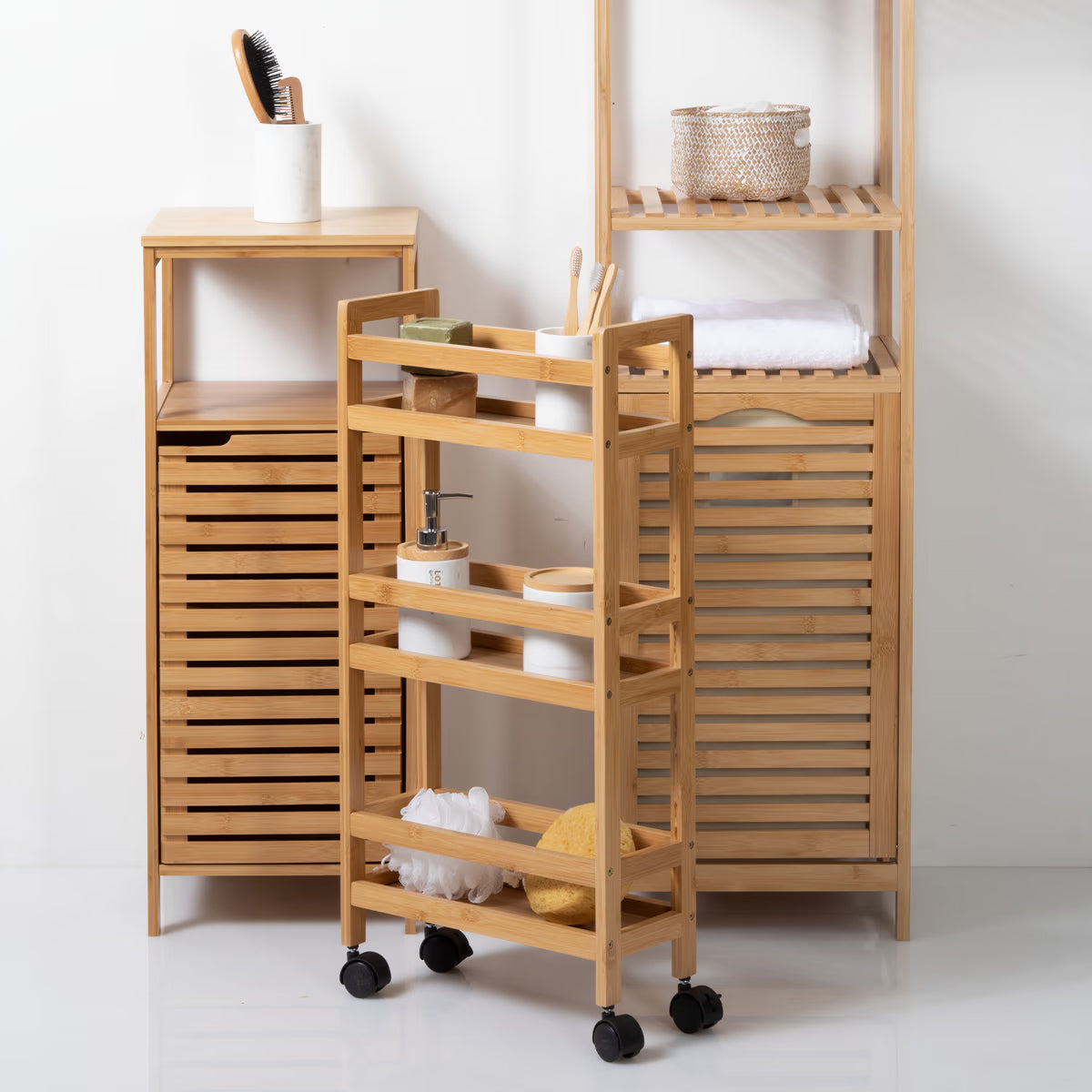 Etajera mobila cu 3 niveluri 5Five Bambou, din bambus, 36x15x74 cm, bej