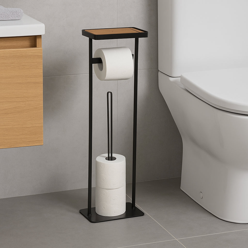 Suport hartie igienica 5Five cu raft depozitare, otel, 18x12x59 cm, negru