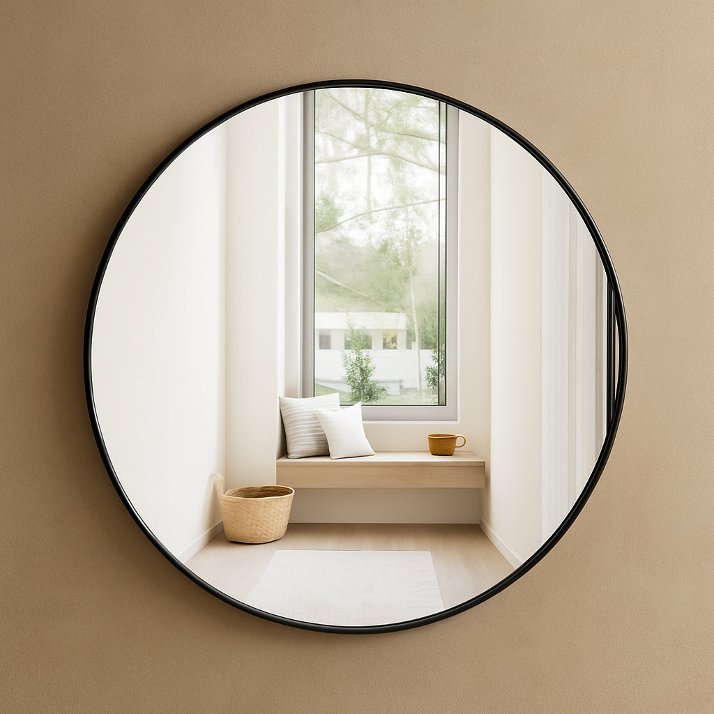 Oglinda rotunda Atmosphera Alice, rama aluminiu subtire, 76 cm, negru