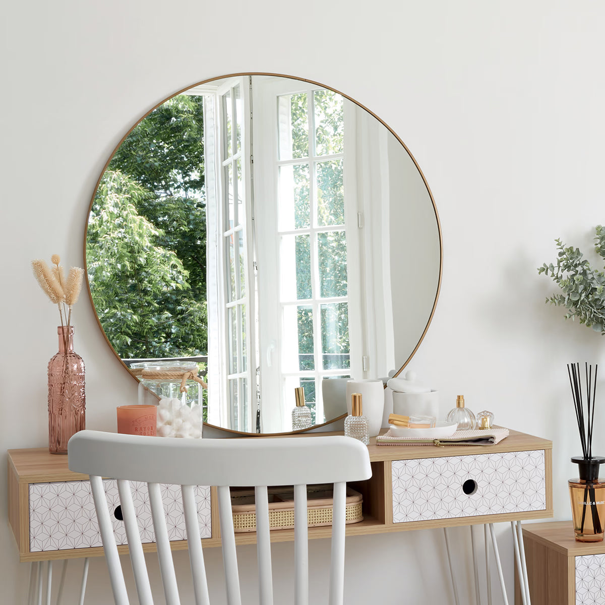 Oglinda rotunda Atmosphera Alice, rama aluminiu subtire, 76 cm, auriu