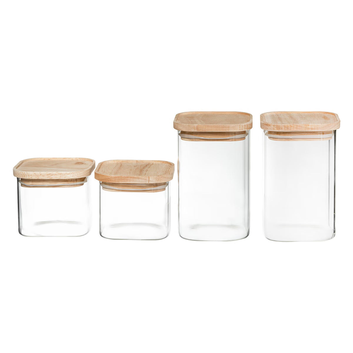 Set 4 borcane depozitare ermetice 5Five, sticla borosilicata si capac lemn, transparent
