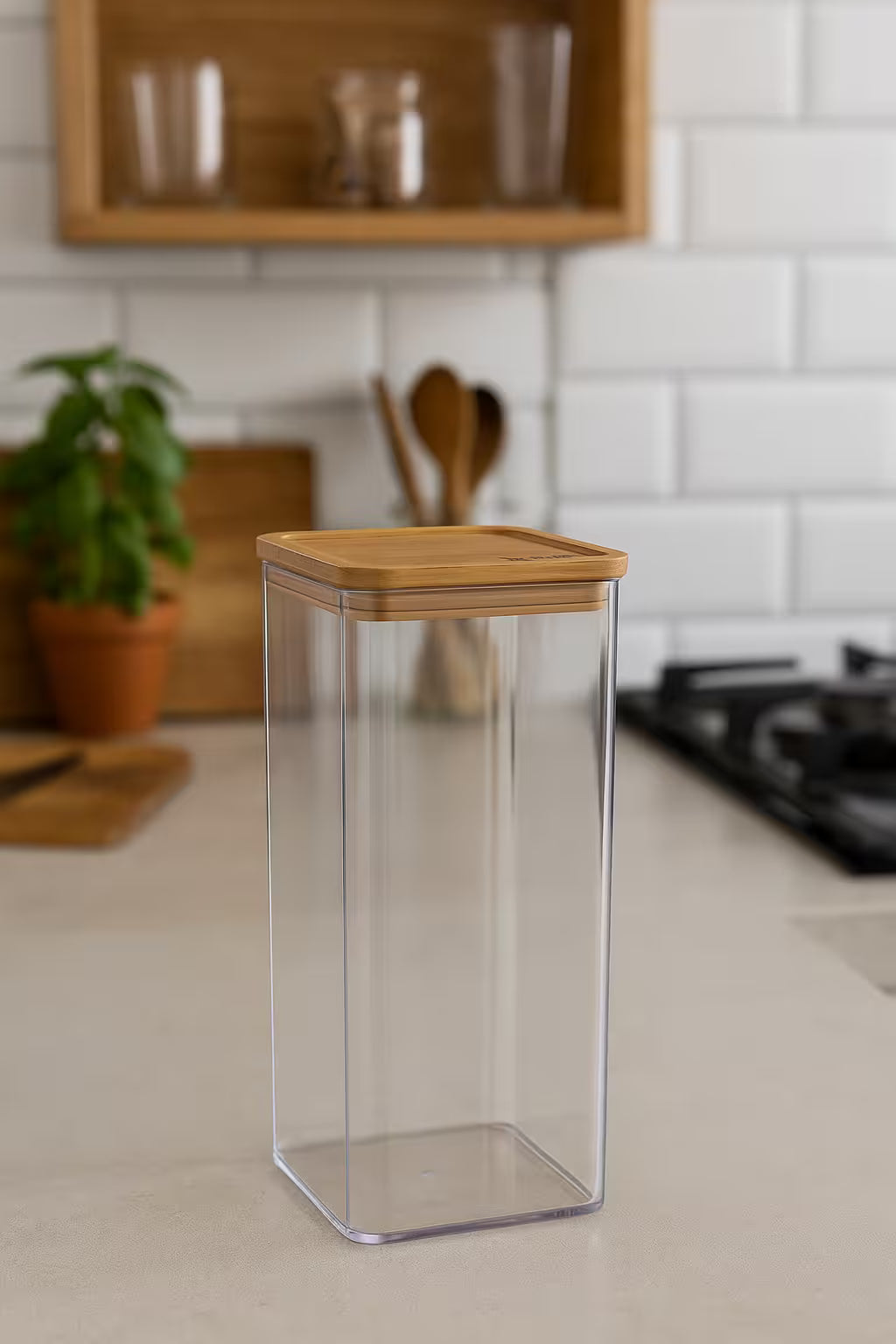 Cutie depozitare 5Five Eske patrata 1.5L, capac bambus, PS transparent