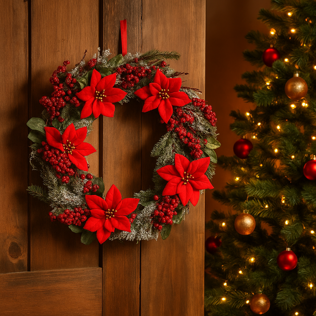 Coronita decorativa pentru Craciun, cu flori Poinsettia, diametru 50 cm, verde si rosu