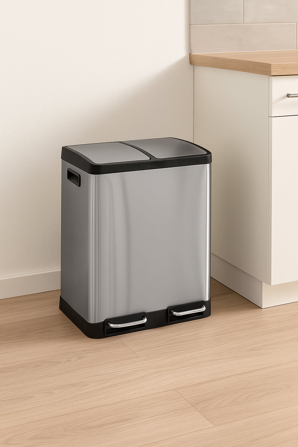 Cos de gunoi Ariane cu pedala, din inox, colectare selectiva, 2 x 30L, 49x40x67 cm, argintiu
