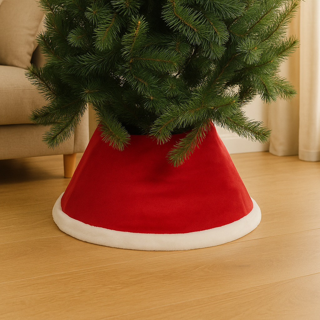 Husa decorativa tip fusta pentru bradul de Craciun, pufoasa, diametru 56 cm, rosu