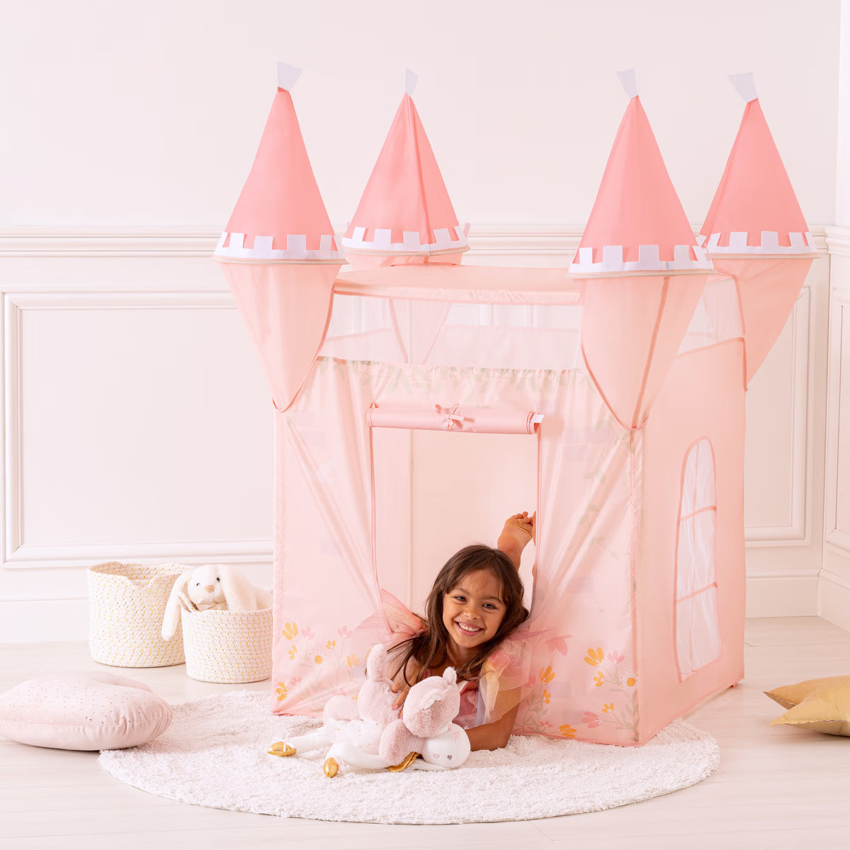 Cort copii Atmosphera tip castel, pop-up cu ferestre si usa, 130x78x78 cm, roz