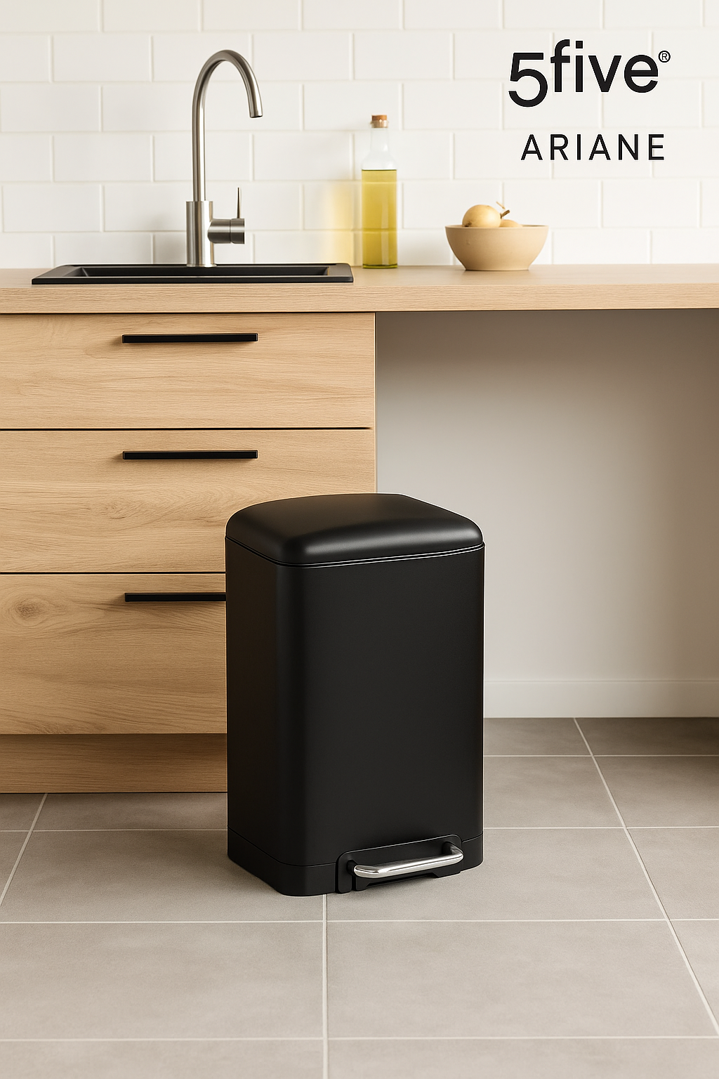 Cos de gunoi 5Five Ariane 20L, cu pedala si inchidere lenta, otel inoxidabil, 30x30x53 cm, negru