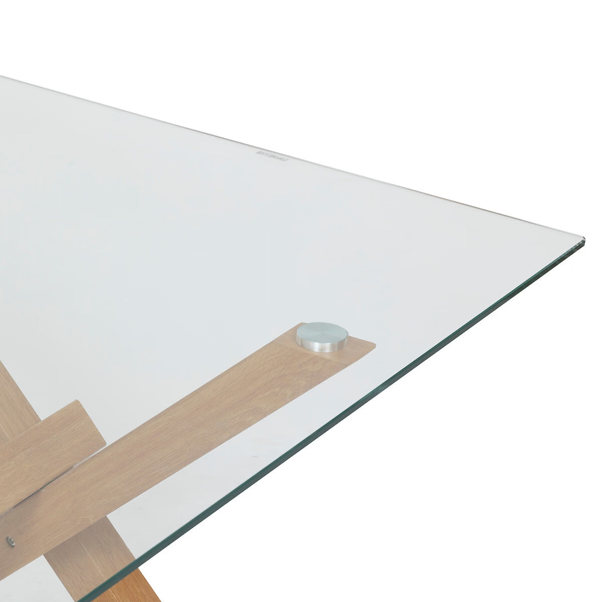 Masa dining bucatarie Atmosphera Jorel cu blat din sticla si picioare metalice, 180x90x75 cm, efect stejar