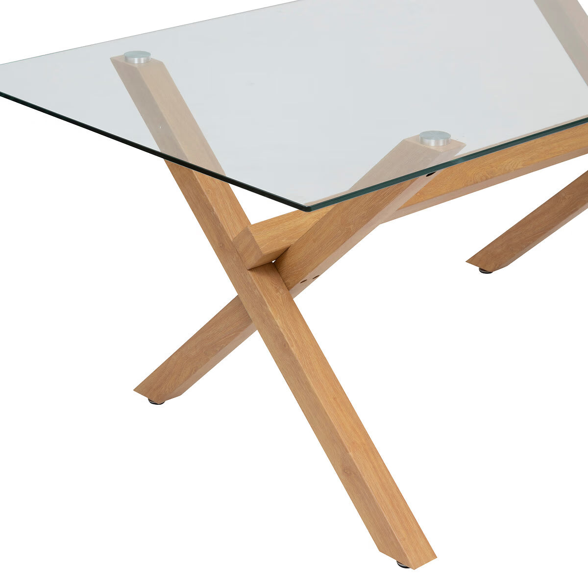 Masa dining bucatarie Atmosphera Jorel cu blat din sticla si picioare metalice, 180x90x75 cm, efect stejar