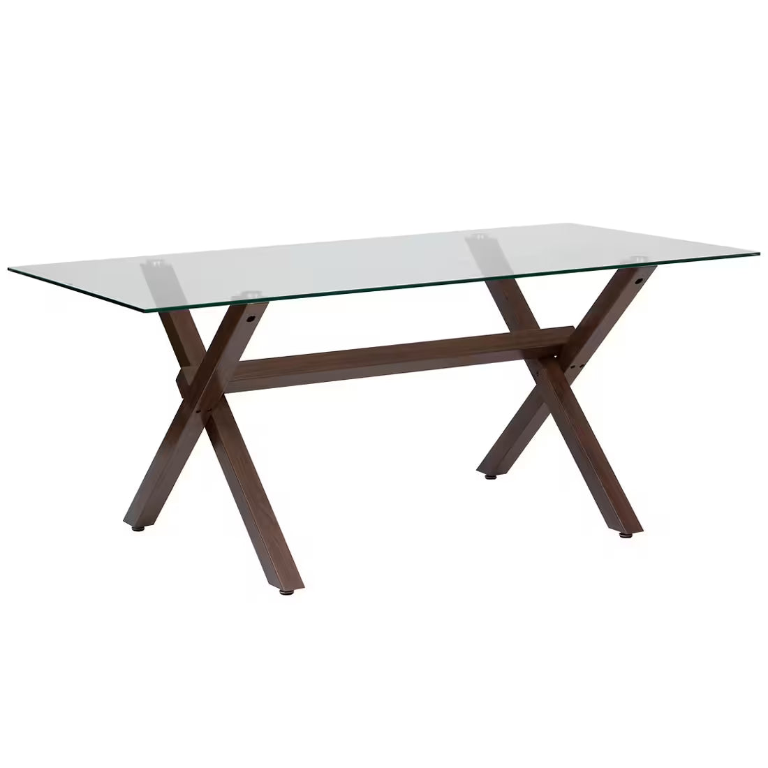 Masa dining bucatarie Atmosphera Jorel cu blat din sticla si picioare metalice, 180x90x75 cm, efect nuc