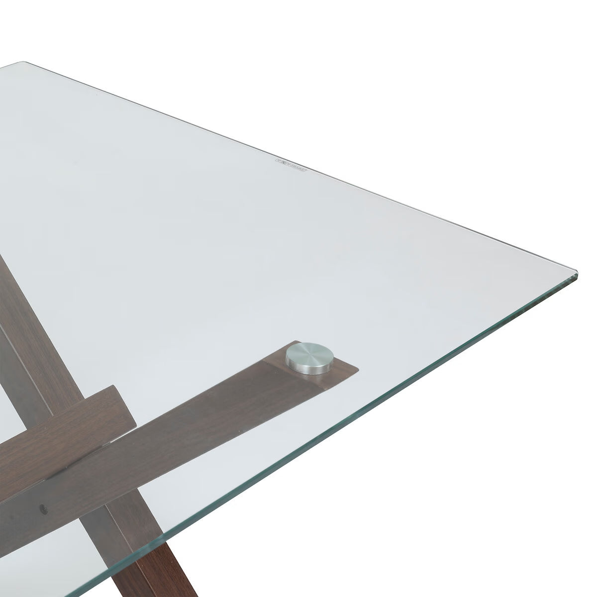 Masa dining bucatarie Atmosphera Jorel cu blat din sticla si picioare metalice, 180x90x75 cm, efect nuc