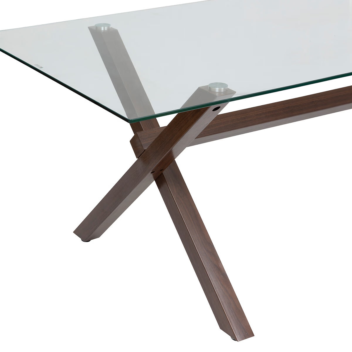 Masa dining bucatarie Atmosphera Jorel cu blat din sticla si picioare metalice, 180x90x75 cm, efect nuc