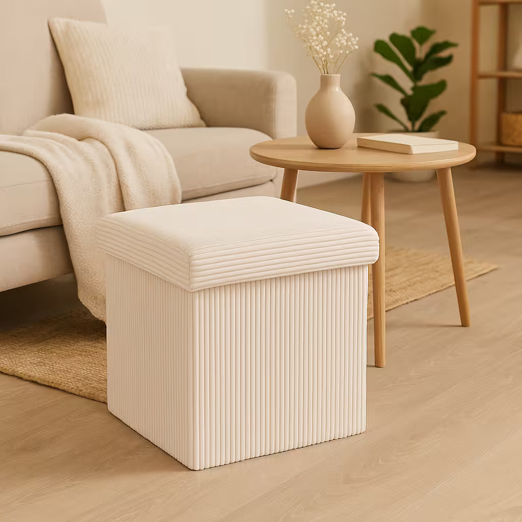 Taburet pliabil Atmosphera Arum din material tip catifea raiat, 38x38x38 cm, ivoire