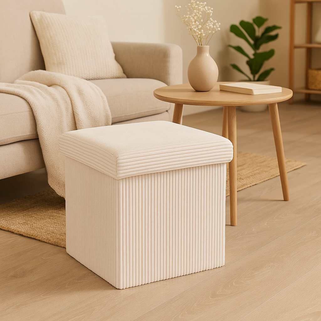 Taburet pliabil Atmosphera Arum din material tip catifea raiat, 38x38x38 cm, ivoire