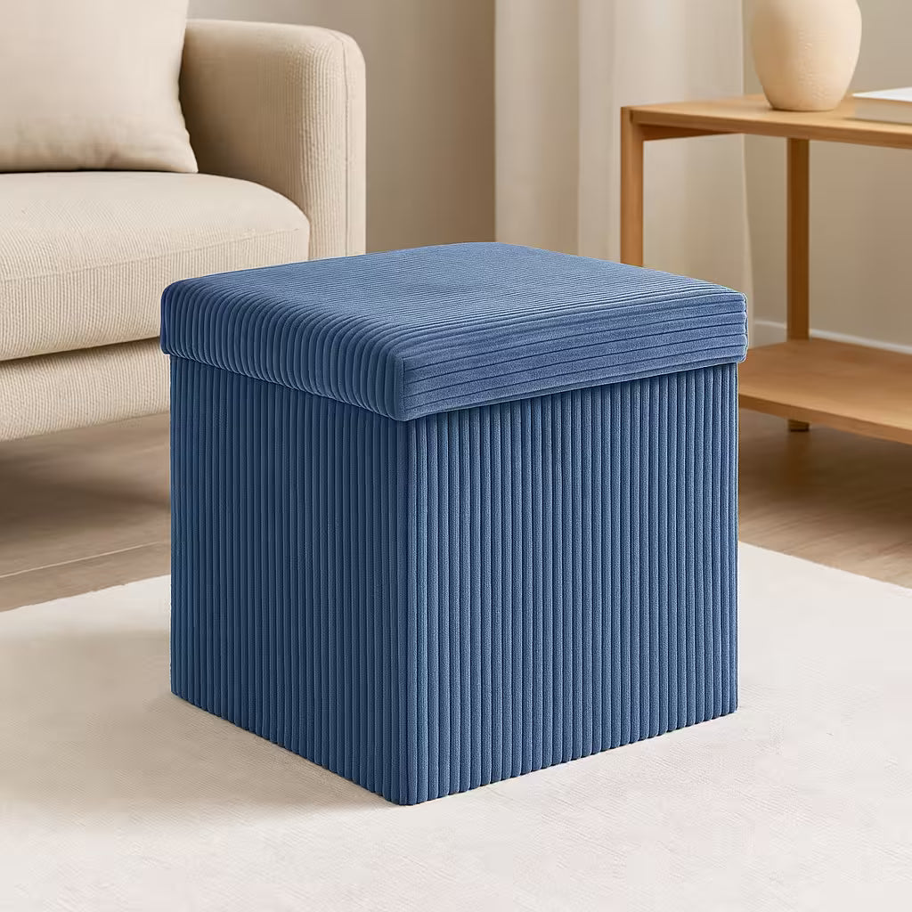 Taburet pliabil Atmosphera Arum din material tip catifea raiat, 38x38x38 cm, albastru inchis