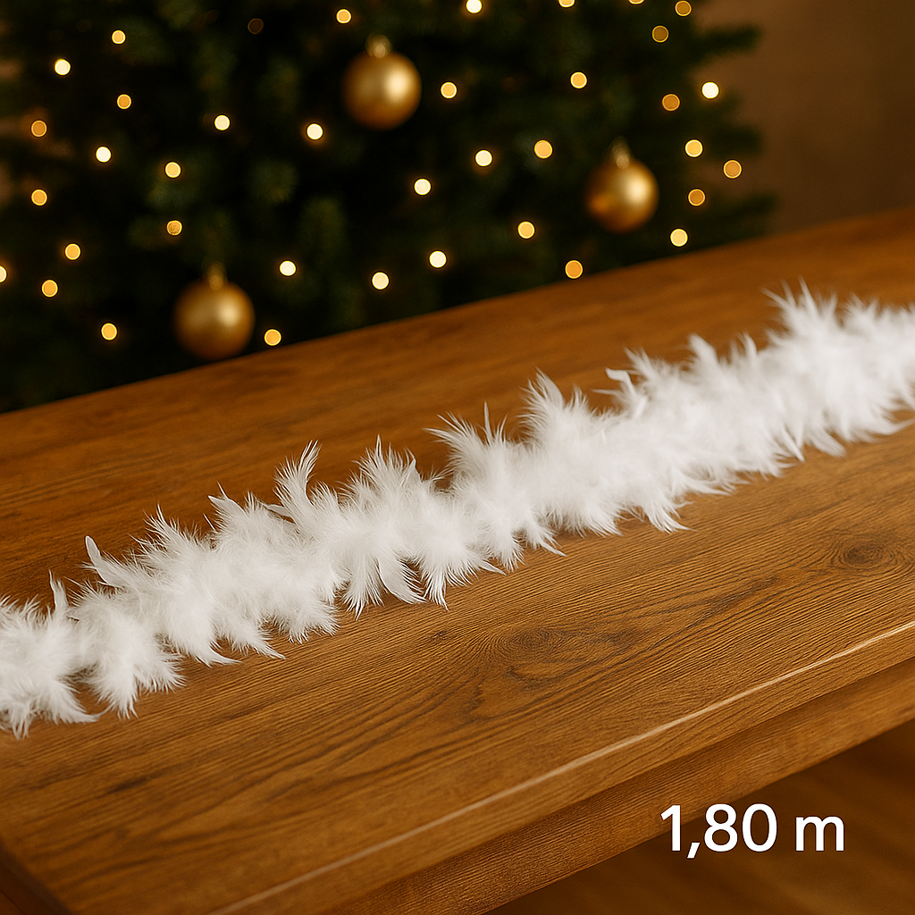 Ghirlanda pentru decor sau bradul de Craciun, model puf si pene, 180cm, alb