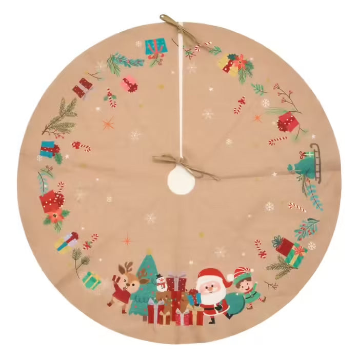 Covoras de pus sub bradul de Craciun, diametru 90 cm, model Mos Craciun, iuta, bej