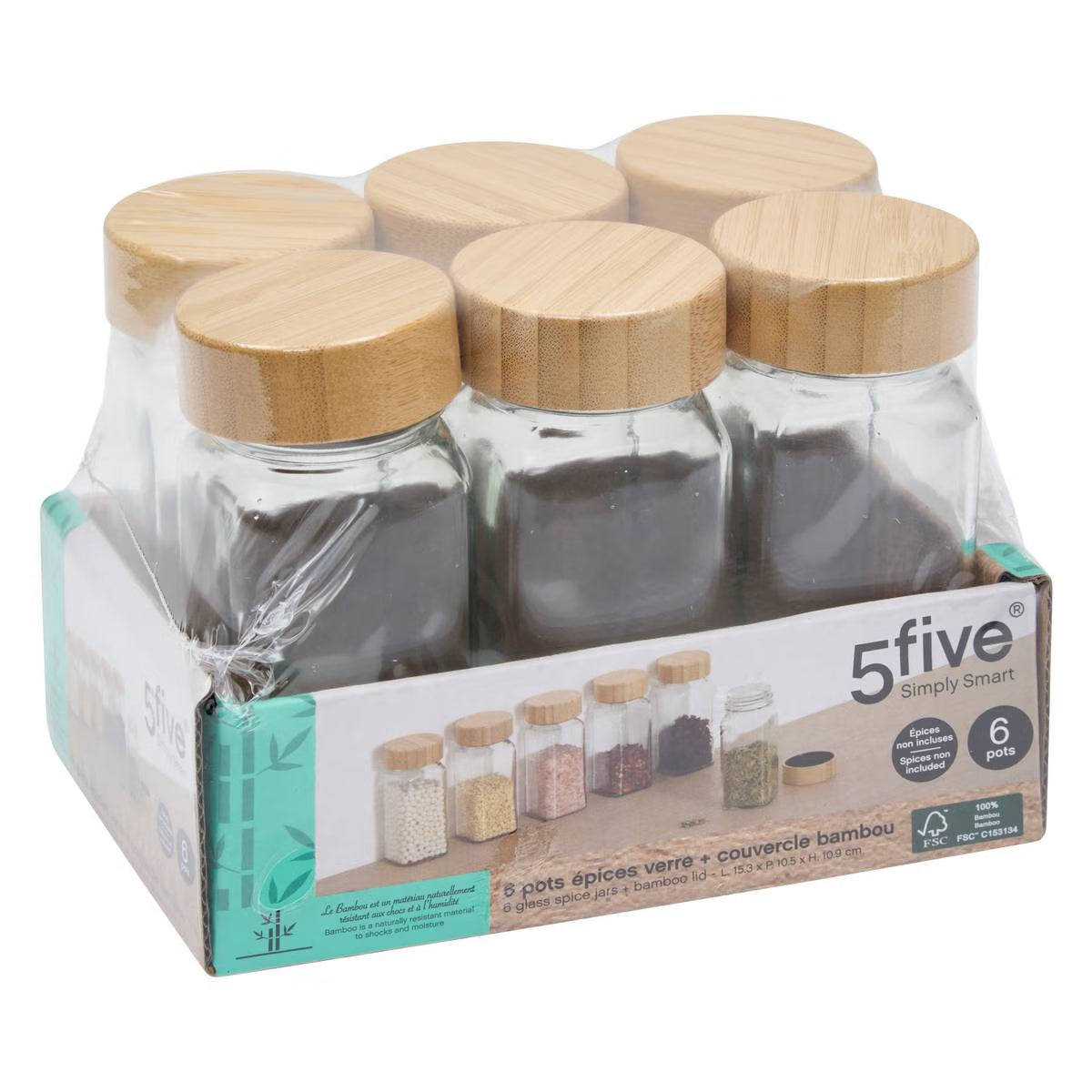 Set 6 borcane condimente 5Five, din sticla cu capac bambus, 120 ml fiecare