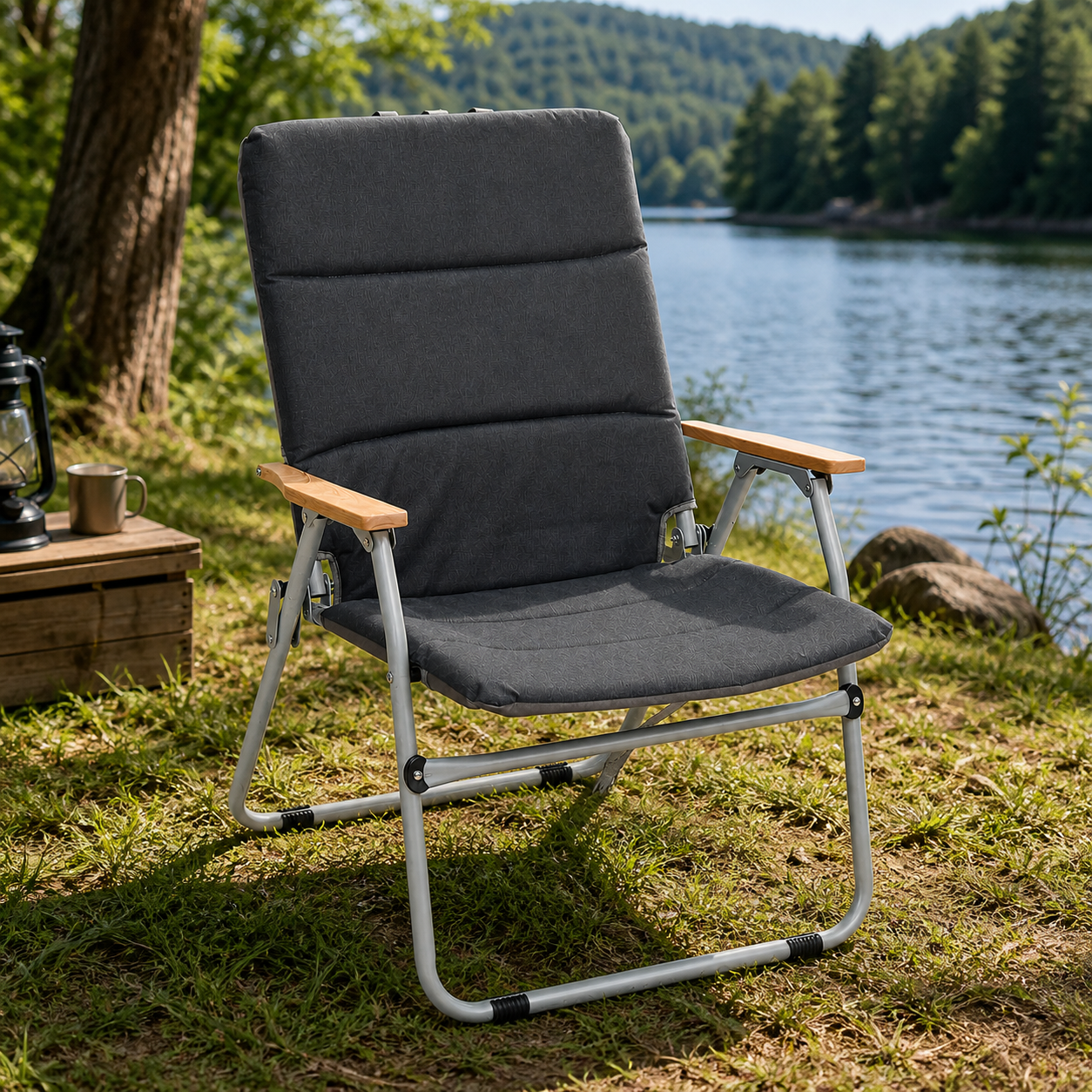 Scaun pliabil camping sau pescuit 5Five cu cadru din otel, sezut si spatar cu burete, 64x62x91 cm, gri antracit