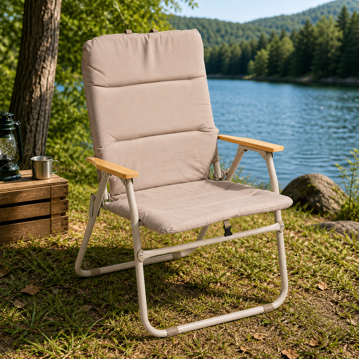 Scaun pliabil camping sau pescuit 5Five cu cadru din otel, sezut si spatar cu burete, 64x62x91 cm, bej