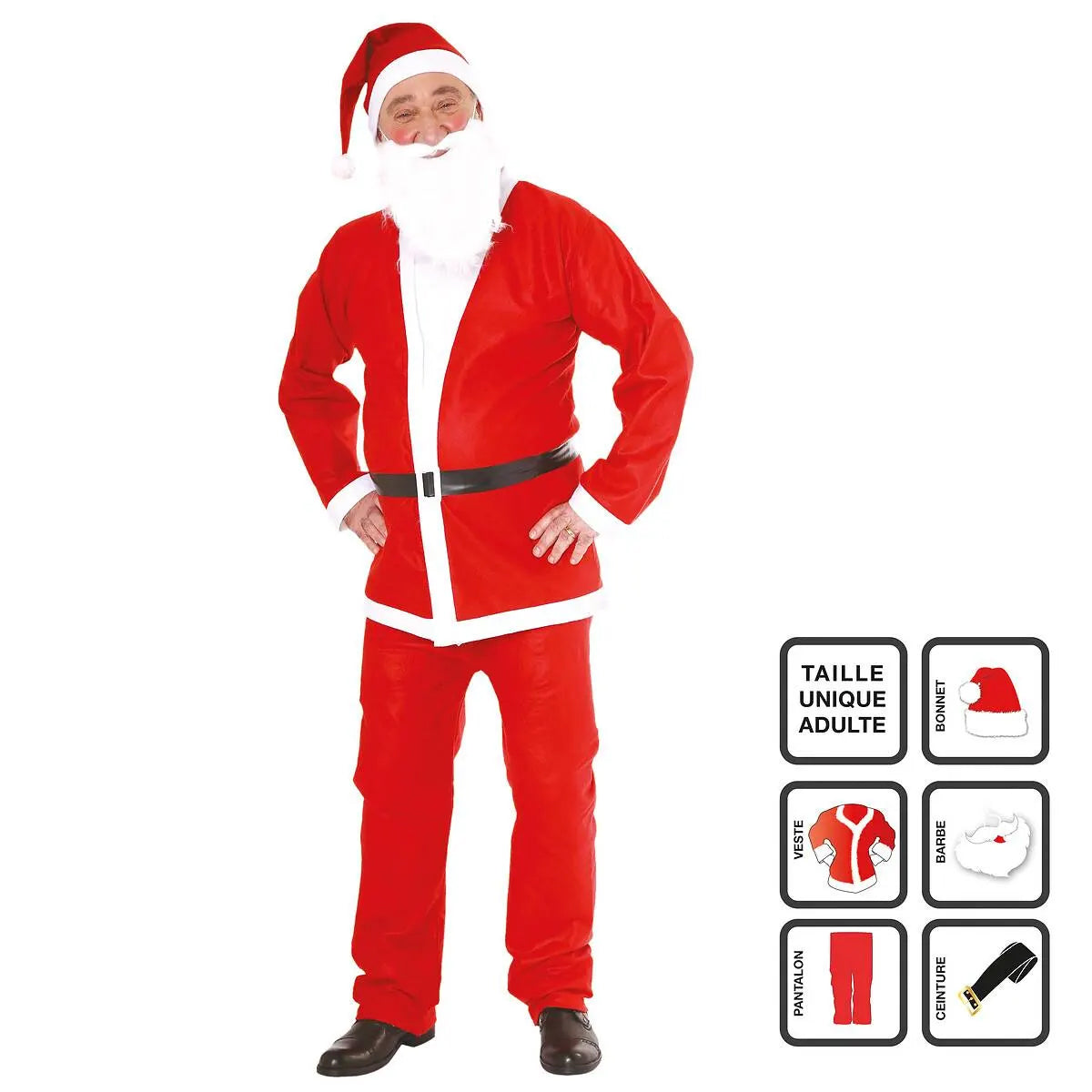 Costum Mos Craciun universal, 5 piese cu accesorii, din fetru, rosu
