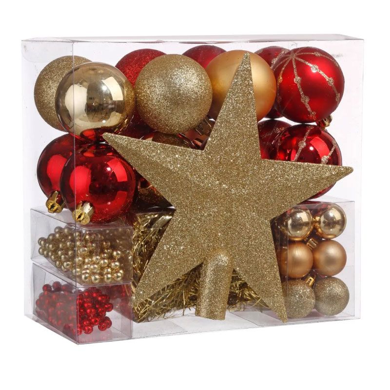 Set globuri decoratiuni brad de Craciun, 44 piese, rosu si auriu