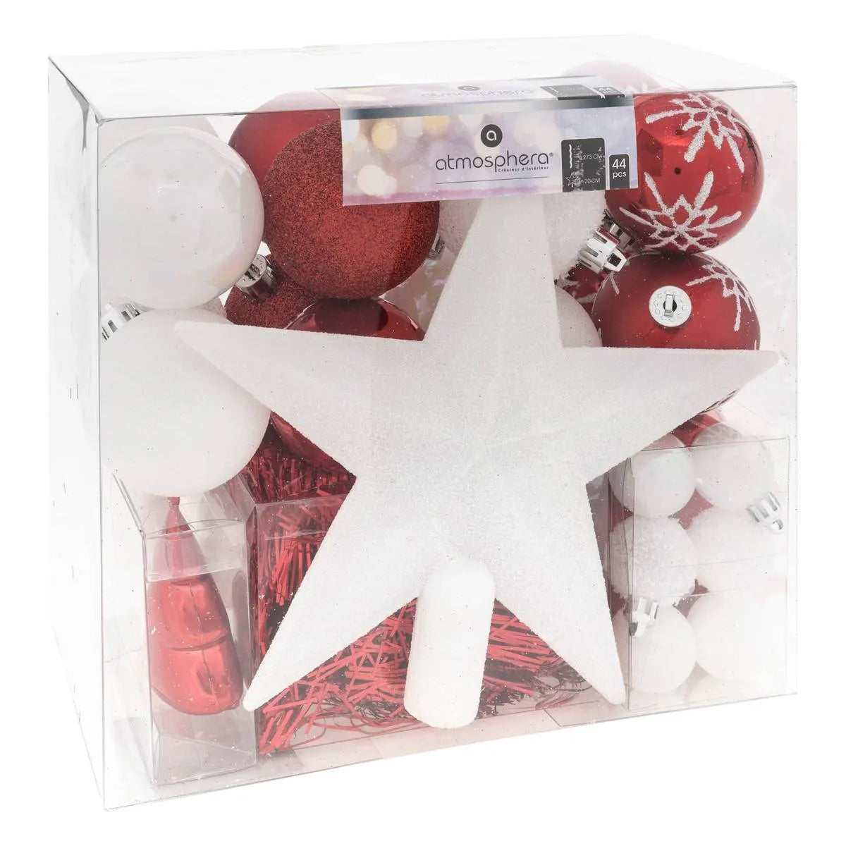 Set decoratiuni Craciun, 44 piese, cu globuri, ghirlanda si varf de brad, rosu si alb