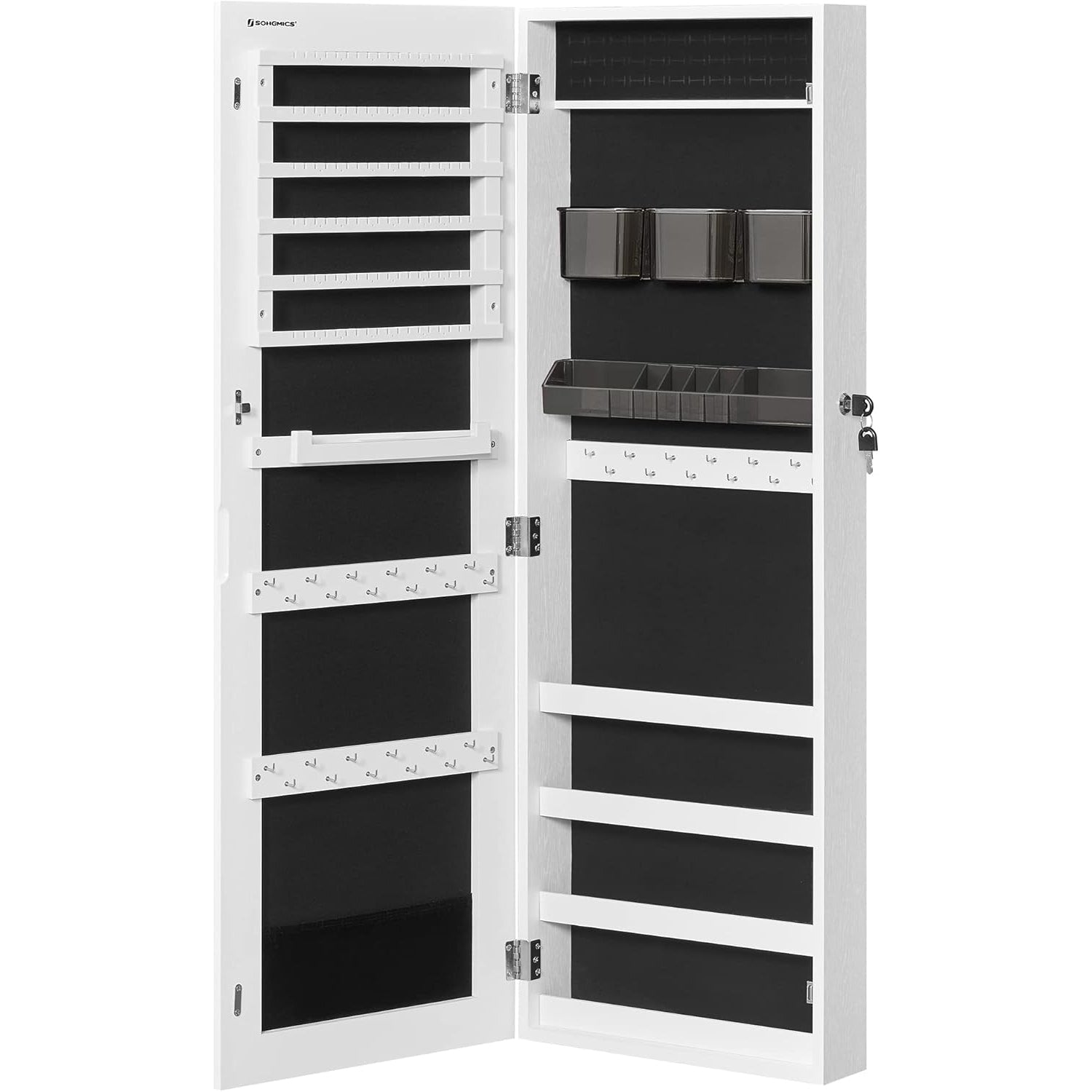 SONGMICS Dulap pentru bijuterii, cu oglinda design fara rama, MDF, montare pe perete sau usa, 37x10x108 cm, alb