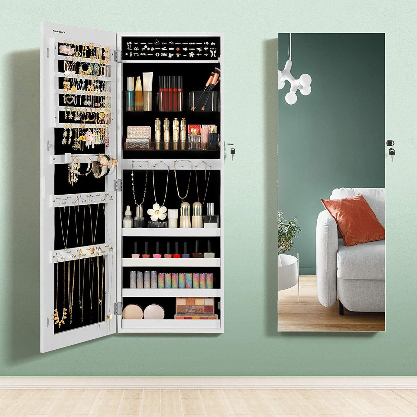 SONGMICS Dulap pentru bijuterii, cu oglinda design fara rama, MDF, montare pe perete sau usa, 37x10x108 cm, alb