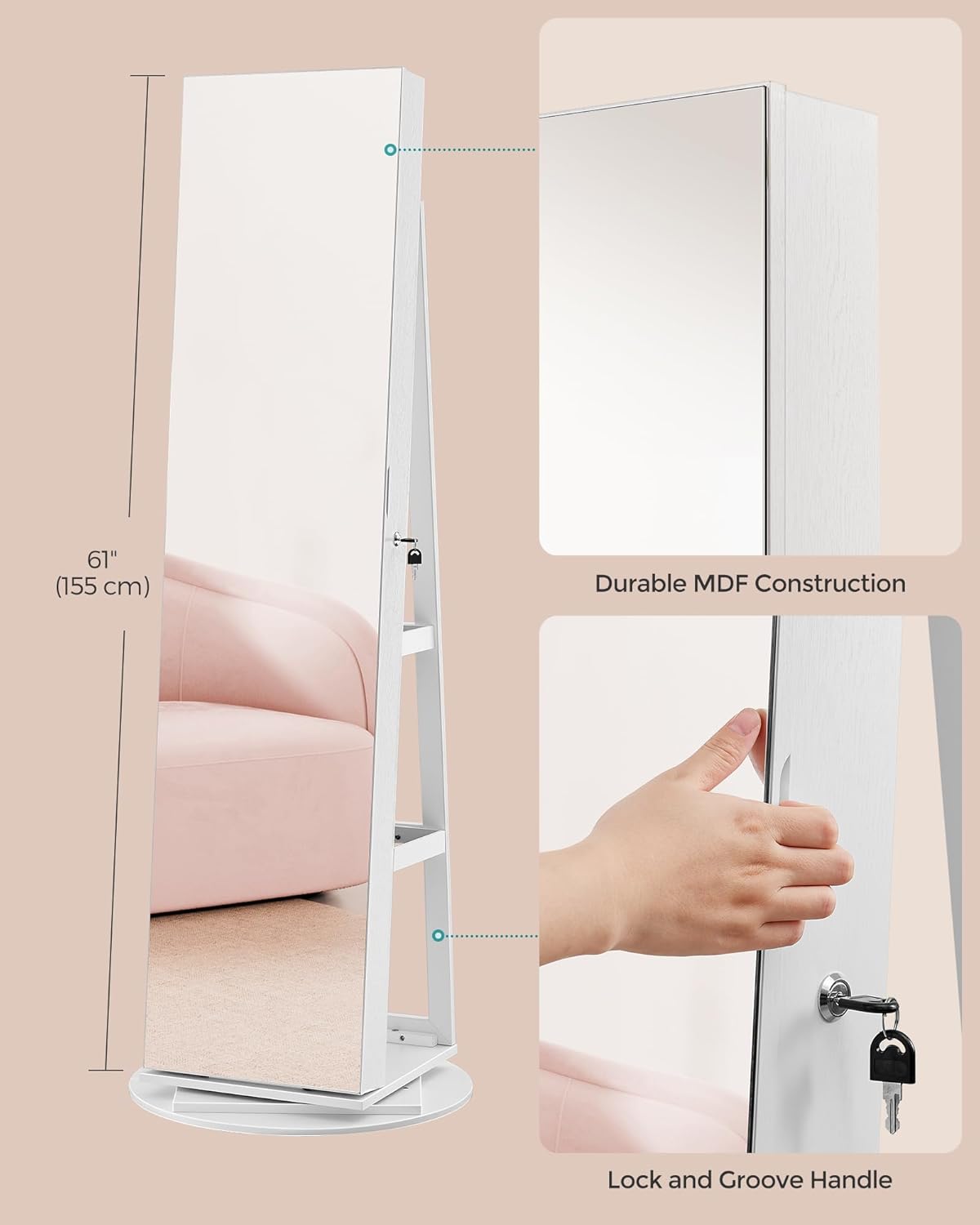 SONGMICS Oglinda de podea cu suport rotativ la 360°, cu spatiu de depozitare, material MDF, 55x55x162 cm, alb