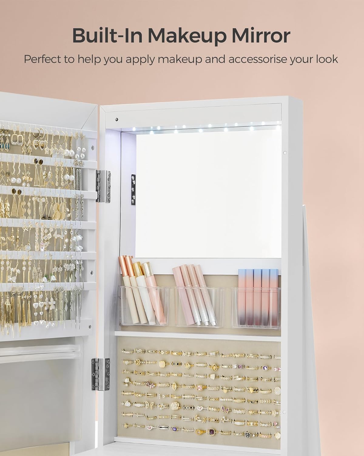 SONGMICS Oglinda de podea cu suport rotativ la 360°, cu spatiu de depozitare, material MDF, 55x55x162 cm, alb