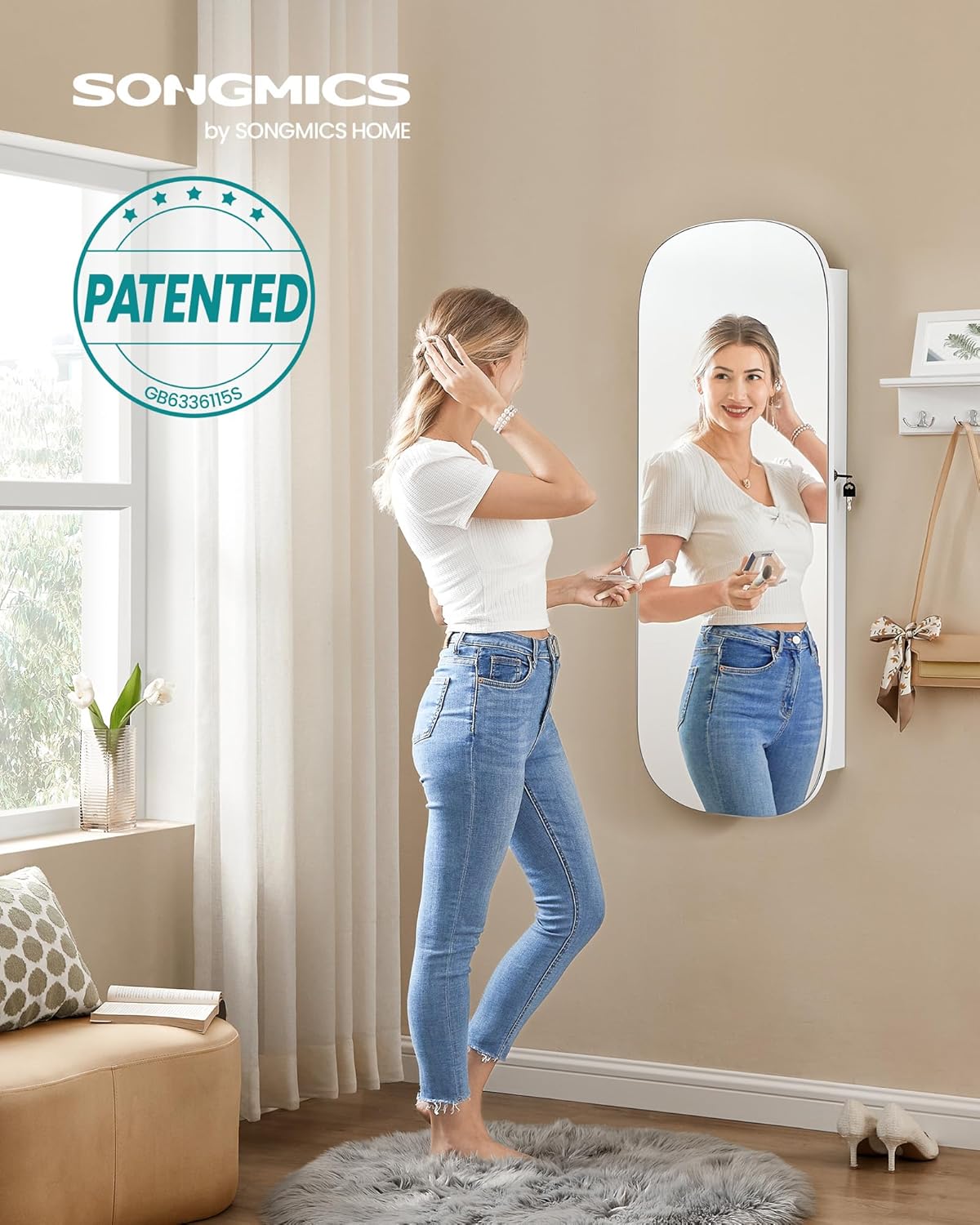 SONGMICS Dulap pentru bijuterii cu oglinda si LED, montare pe perete sau usa, inchidere cu cheie, 42x10x108 cm, alb