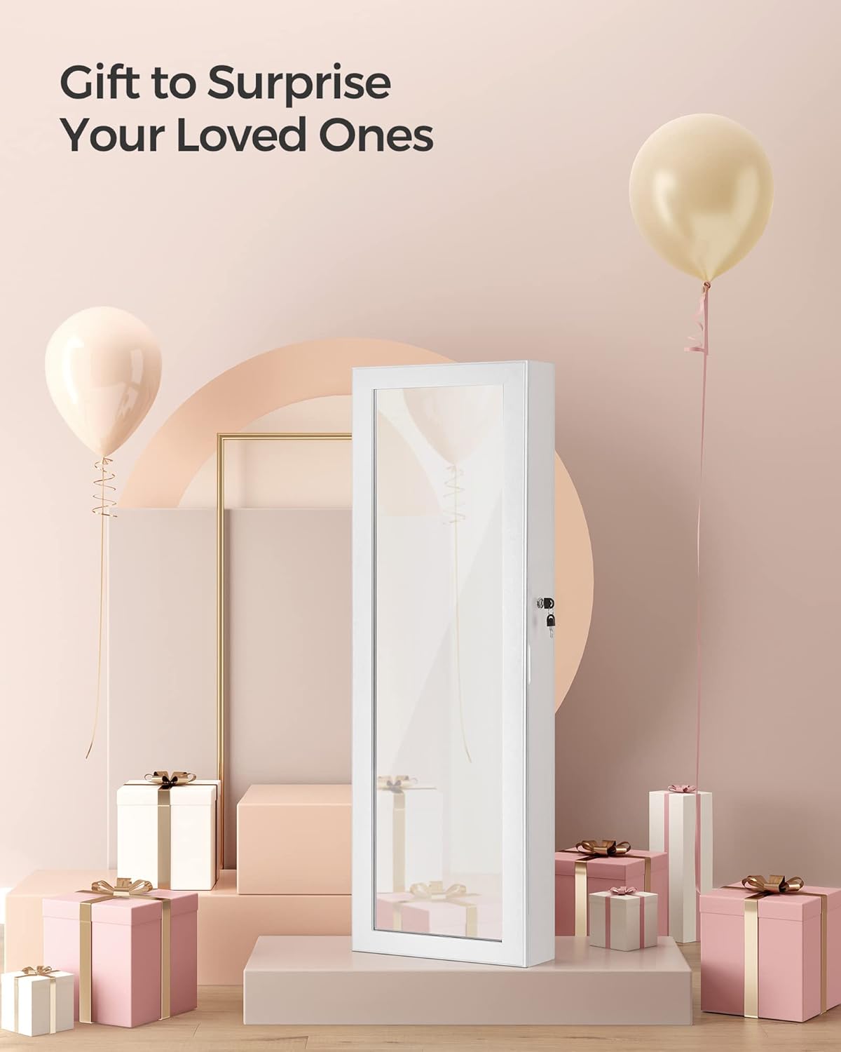 SONGMICS Dulap pentru bijuterii cu oglinda, montare pe perete sau usa, material MDF, inchidere cu cheie, 120x37x10 cm, alb