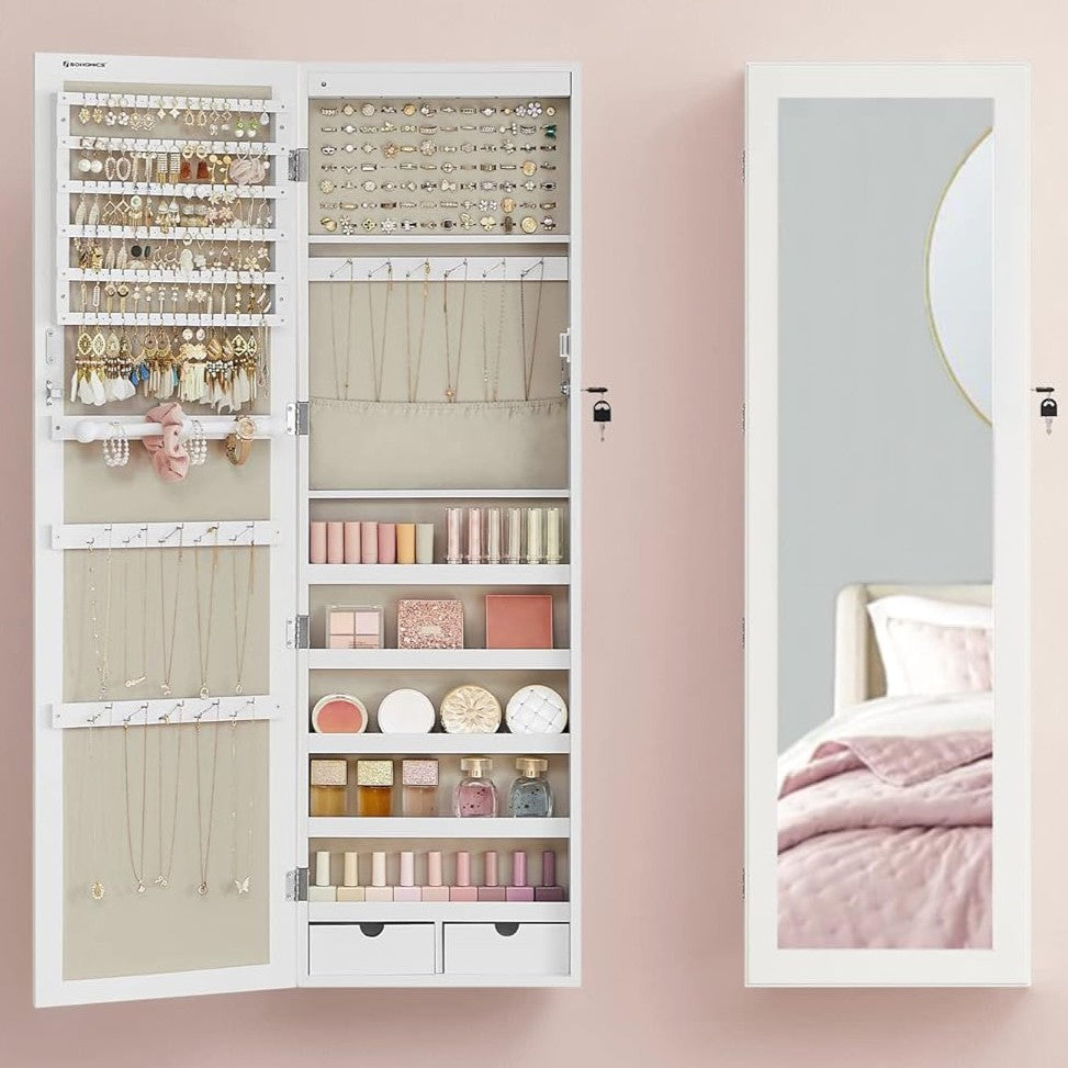 SONGMICS Dulap pentru bijuterii cu oglinda, montare pe perete sau usa, material MDF, inchidere cu cheie, 120x37x10 cm, alb