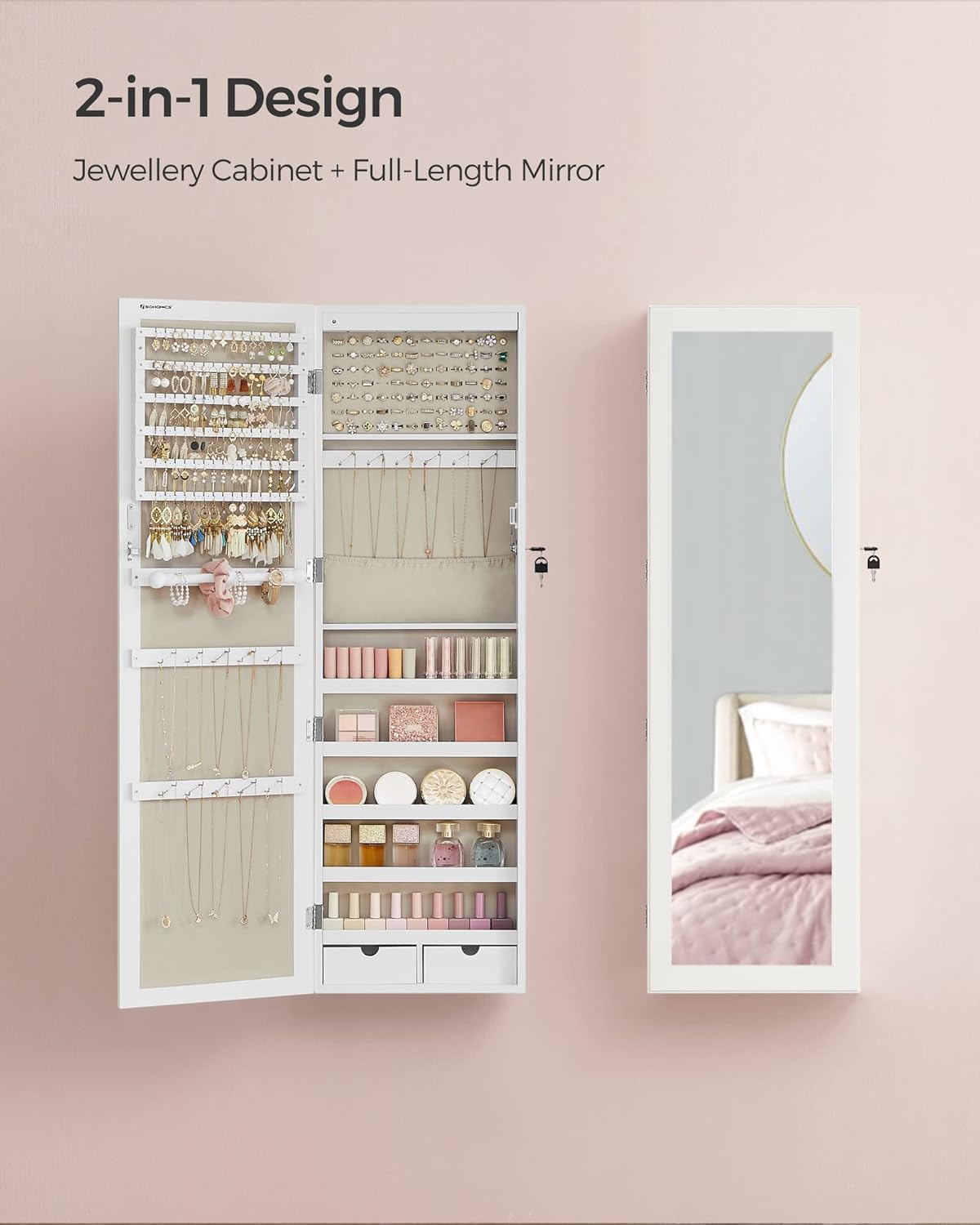 SONGMICS Dulap pentru bijuterii cu oglinda, montare pe perete sau usa, material MDF, inchidere cu cheie, 120x37x10 cm, alb